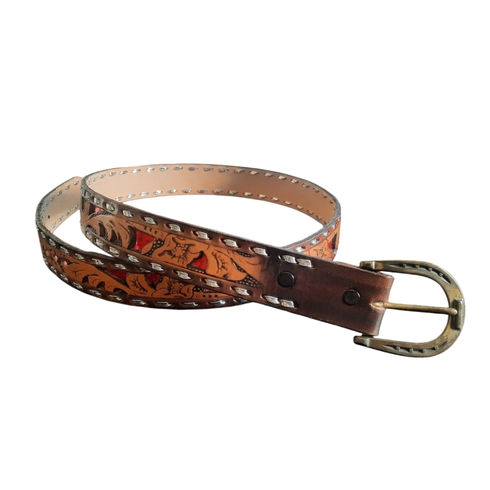 Western Tooled Leather Belt with Lacing | Red Metallic Inlay | Floral | Size 42